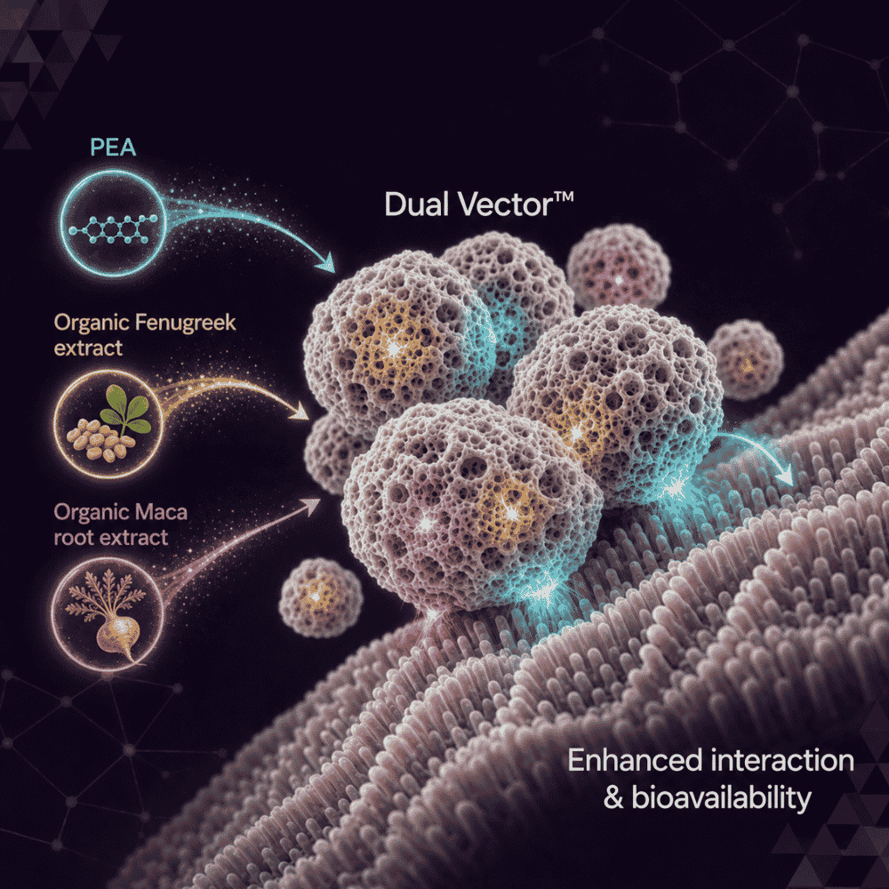 Illustration of Organic Fenugreek extract, Organic Maca root extract and PEA incorporated into Dual Vector™ carrier particles interacting with the intestinal surface.