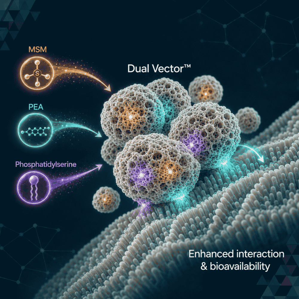 Illustration of MSM, PEA and phosphatidylserine incorporated into Dual Vector™ carrier particles interacting with the intestinal surface.