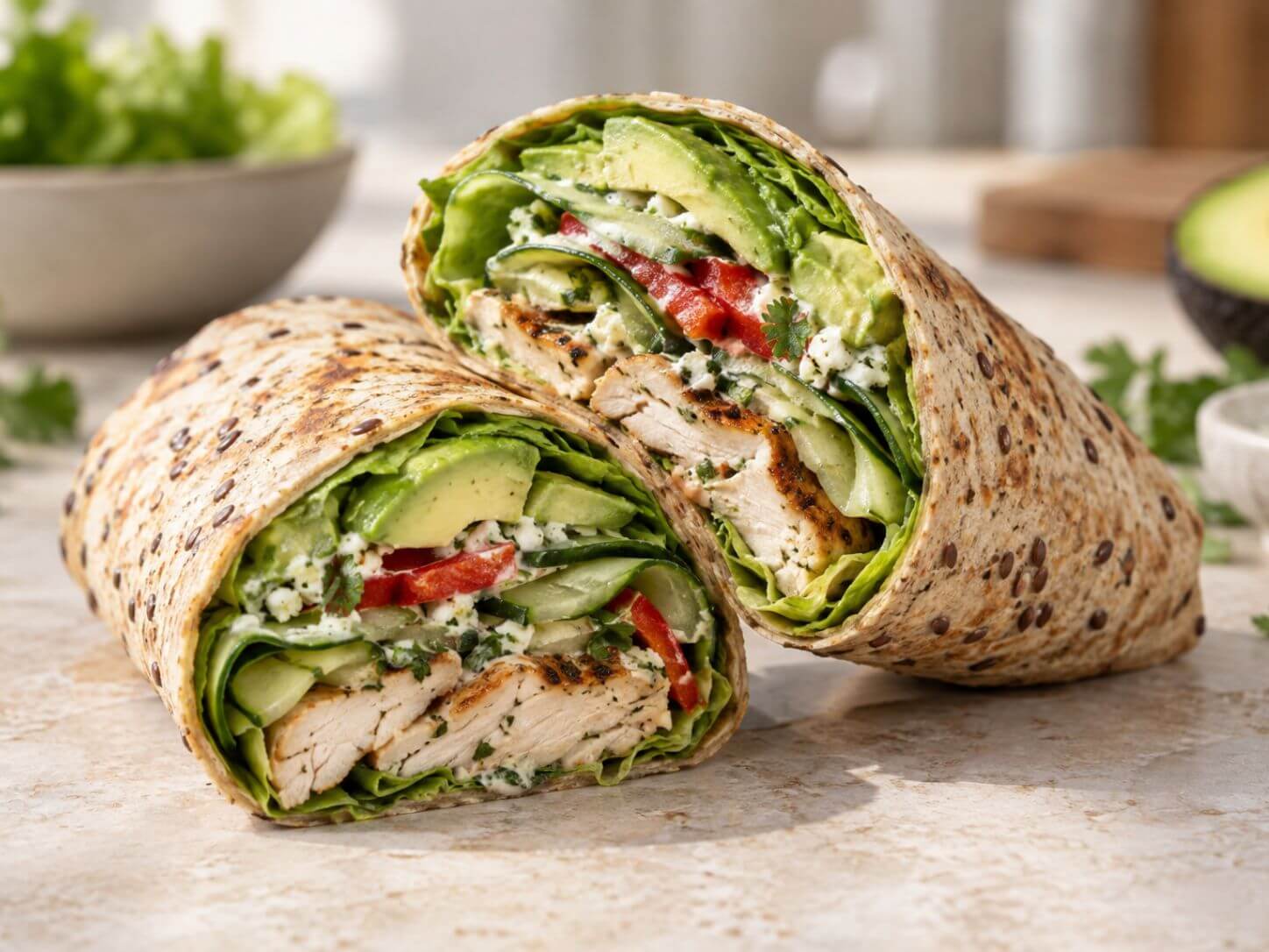 Low-carb chicken and avocado wrap prepared by Maria Antipina